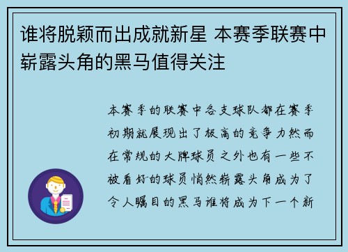 谁将脱颖而出成就新星 本赛季联赛中崭露头角的黑马值得关注