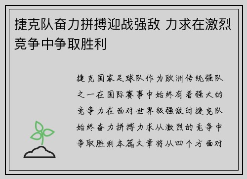 捷克队奋力拼搏迎战强敌 力求在激烈竞争中争取胜利