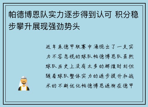 帕德博恩队实力逐步得到认可 积分稳步攀升展现强劲势头